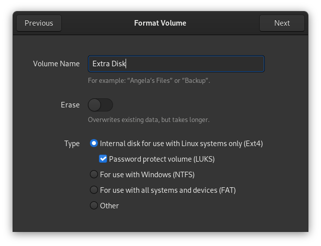 Selecting the partition type of ext4 + luks in gnome disks